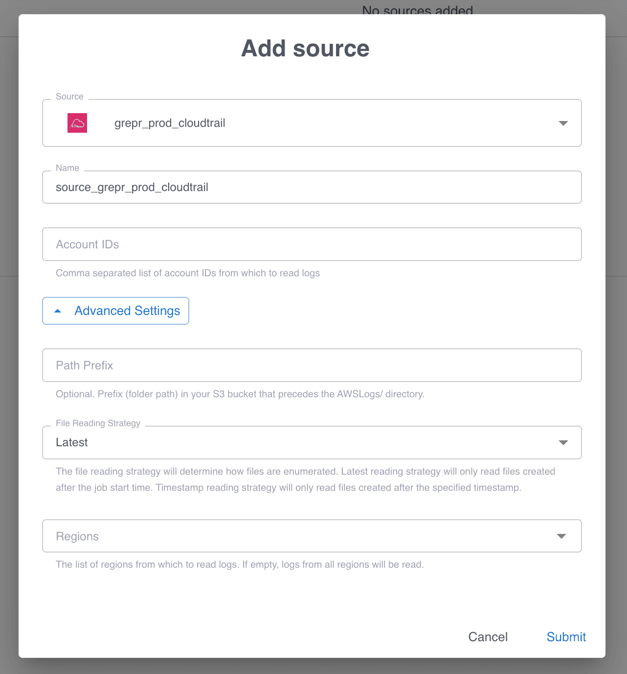 Adding CloudTrail source modal