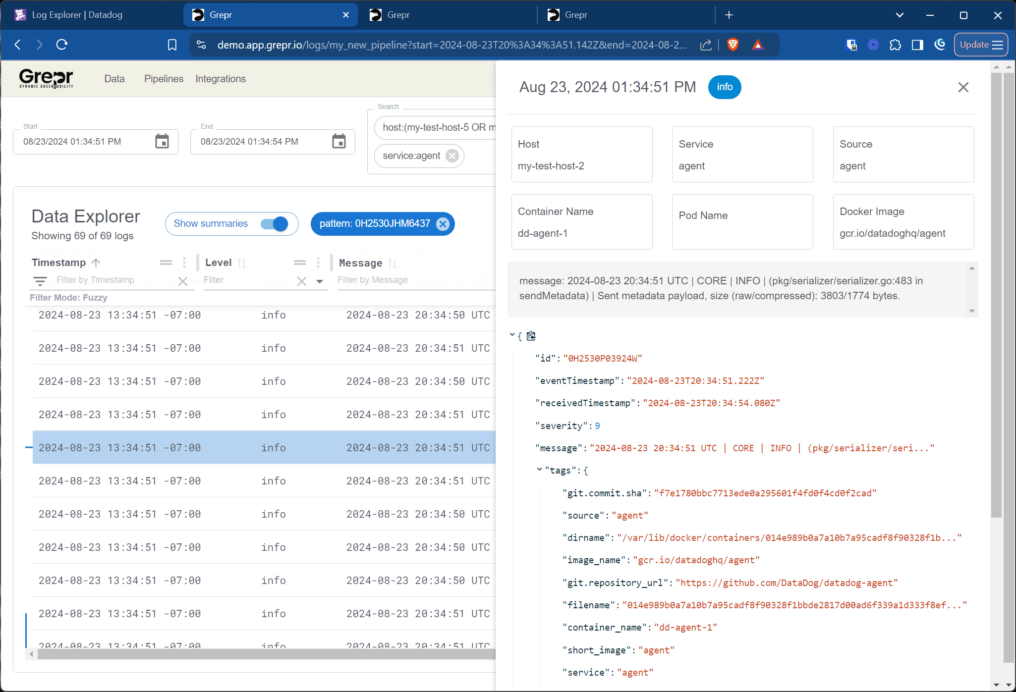 Grepr raw log details