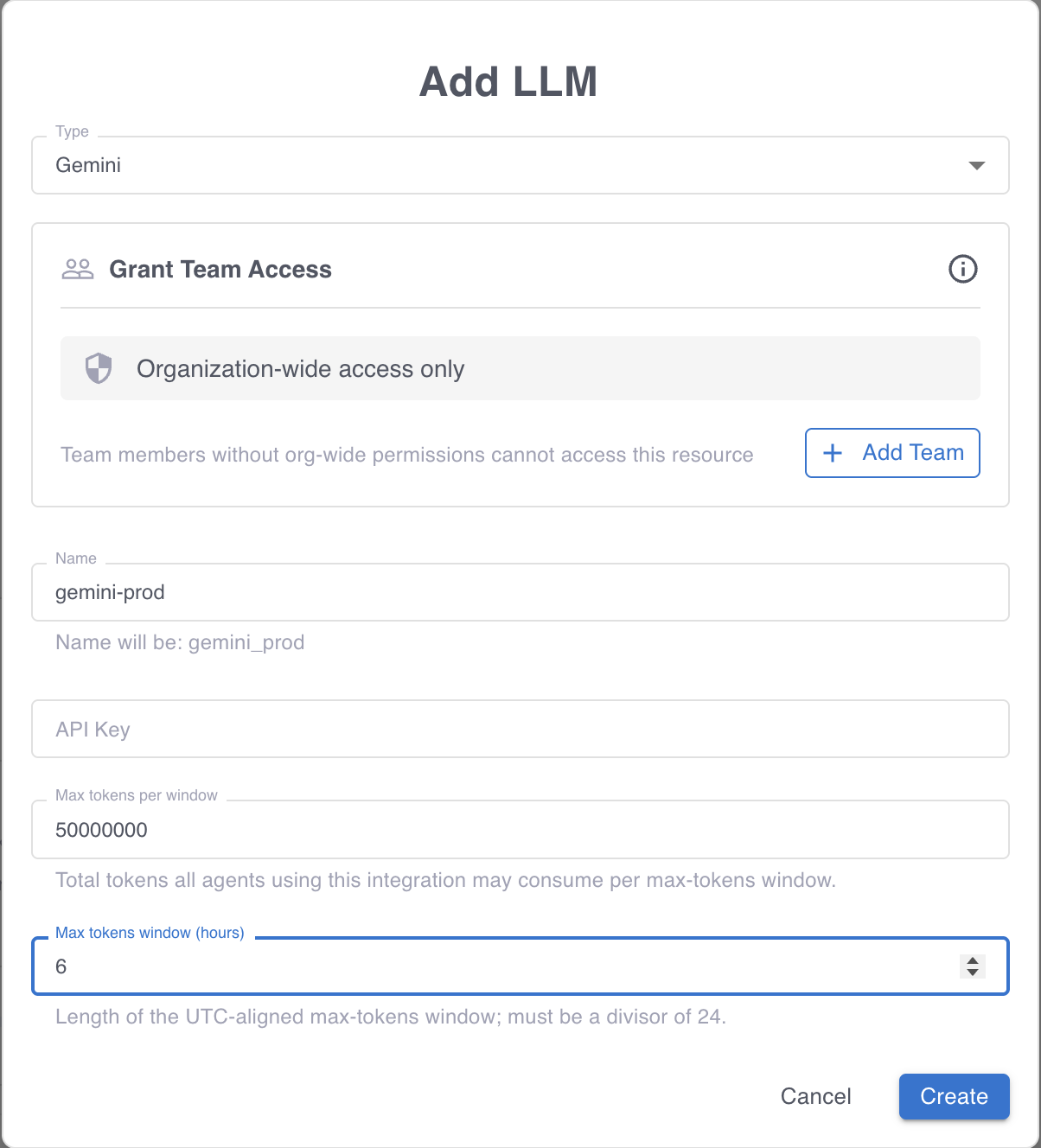 The Add LLM dialog for a Gemini integration, showing the type, team access, name, key, and token window fields.