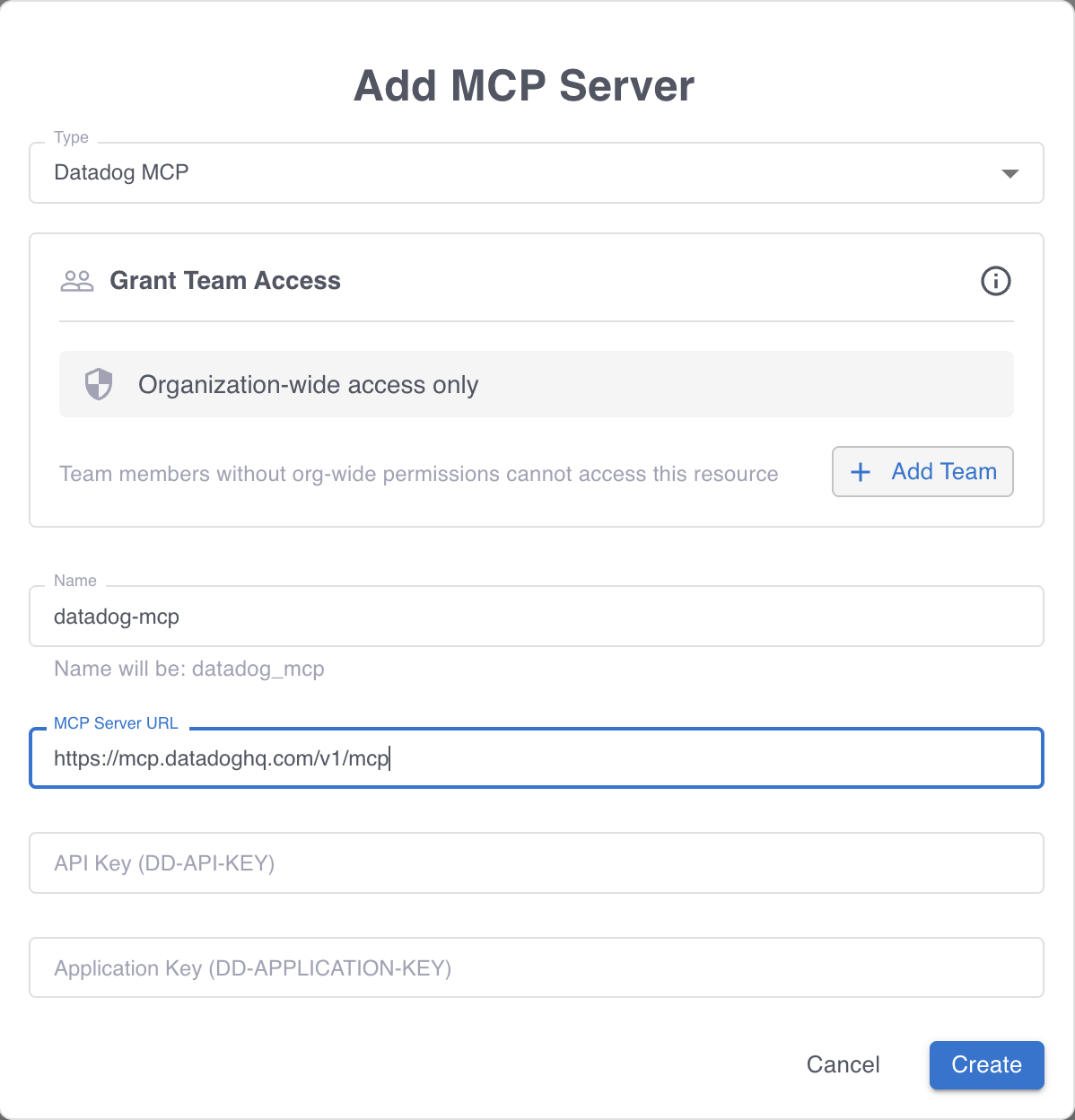 The Add MCP Server dialog for a Datadog MCP integration, showing the type, name, server URL, and credential fields.
