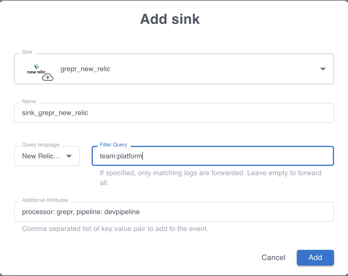 The Add sink dialog for a New Relic integration, with a filter query that matches one team's logs.