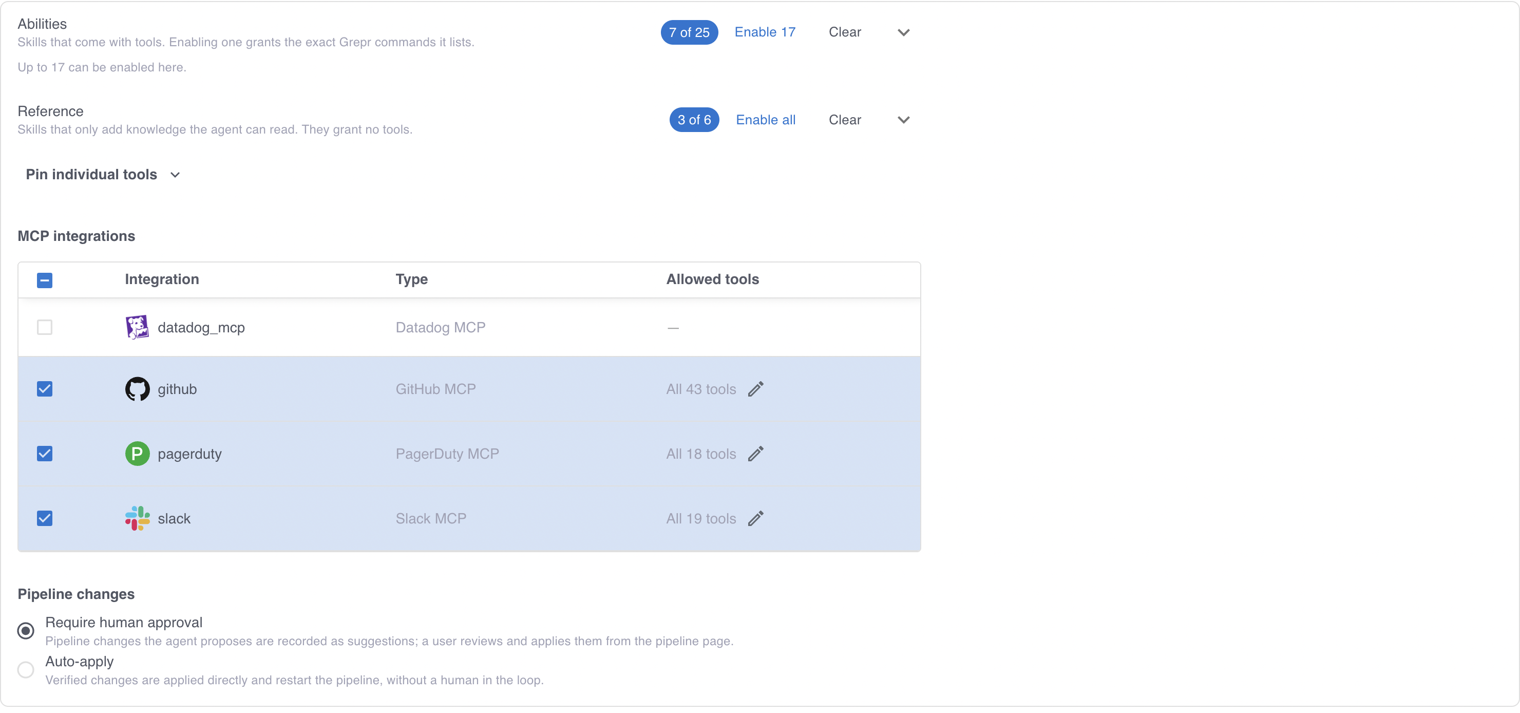 The Capabilities step of an agent, showing the abilities and reference skill counts, the MCP integrations table, and the pipeline changes setting.