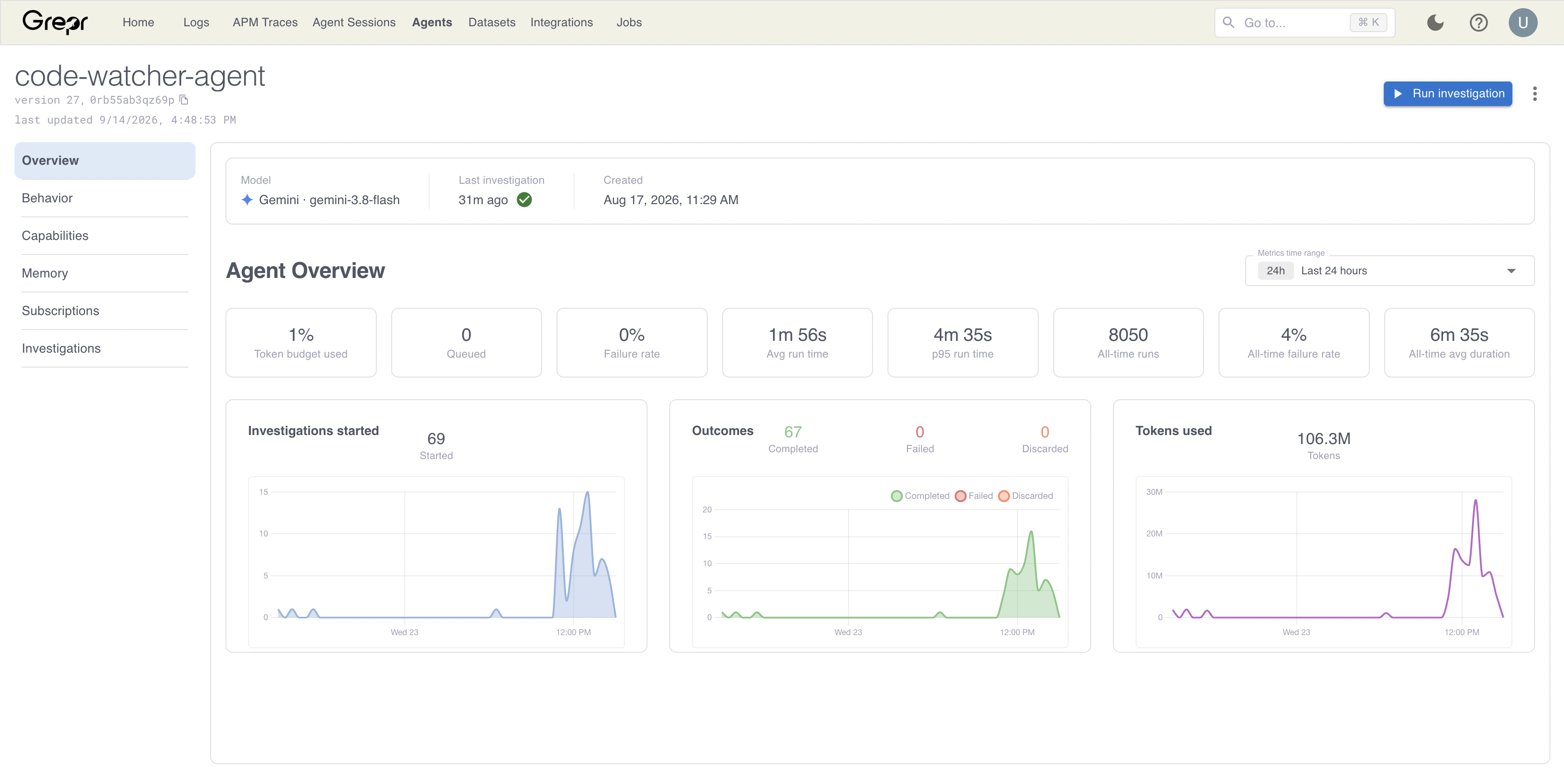 The Overview step of an agent, showing its model, activity tiles, and the investigations, outcomes, and tokens charts.