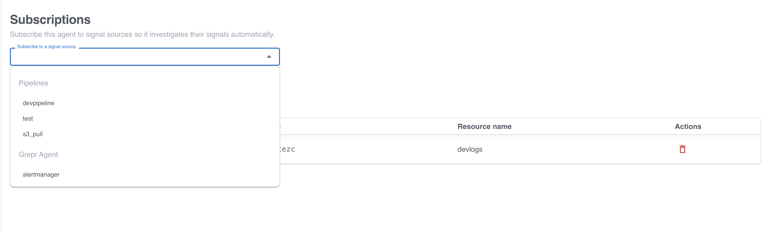 The Subscriptions step of an agent, showing the signal source menu grouped by source kind above the table of current subscriptions.