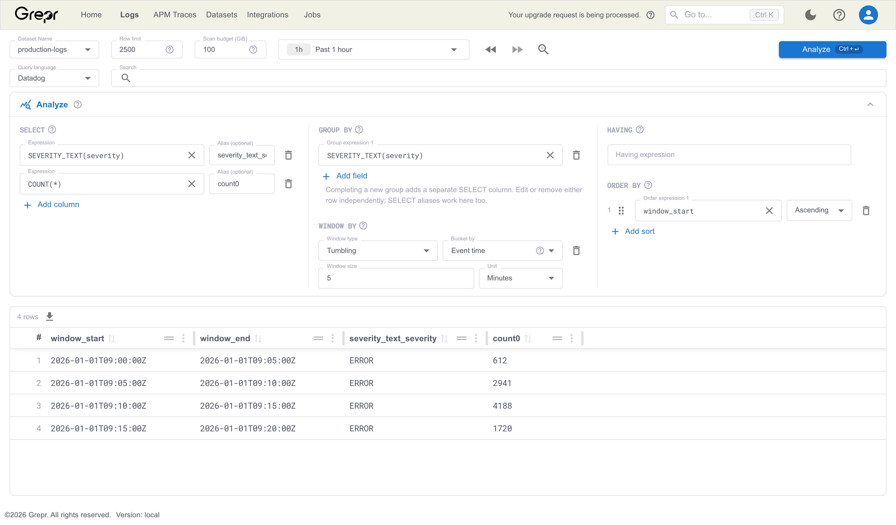 A tumbling 5 minute window over event time, with window_start and window_end leading the result columns.