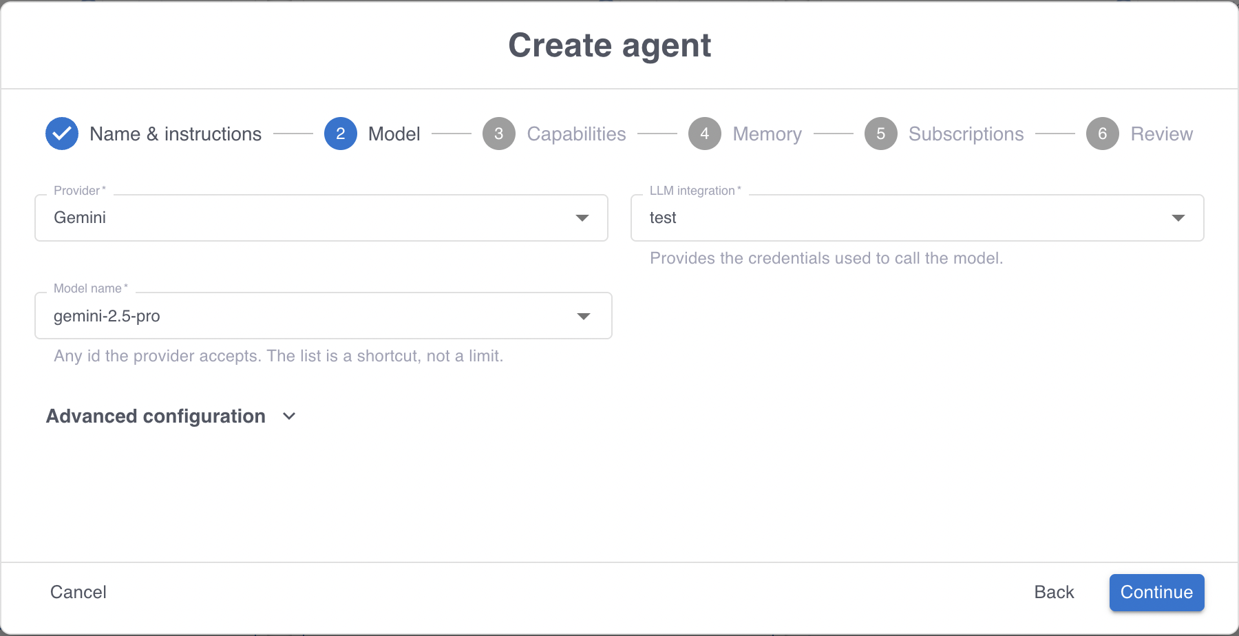 The Model step of the Create agent wizard, showing the provider, the LLM integration, and the model name.