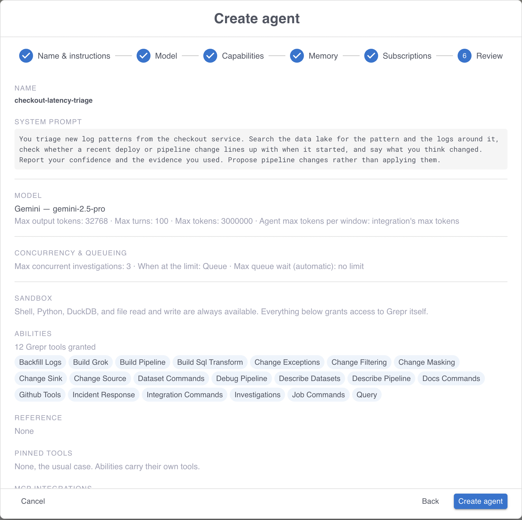 The Review step of the Create agent wizard, summarizing the name, system prompt, model, concurrency, sandbox, and abilities.