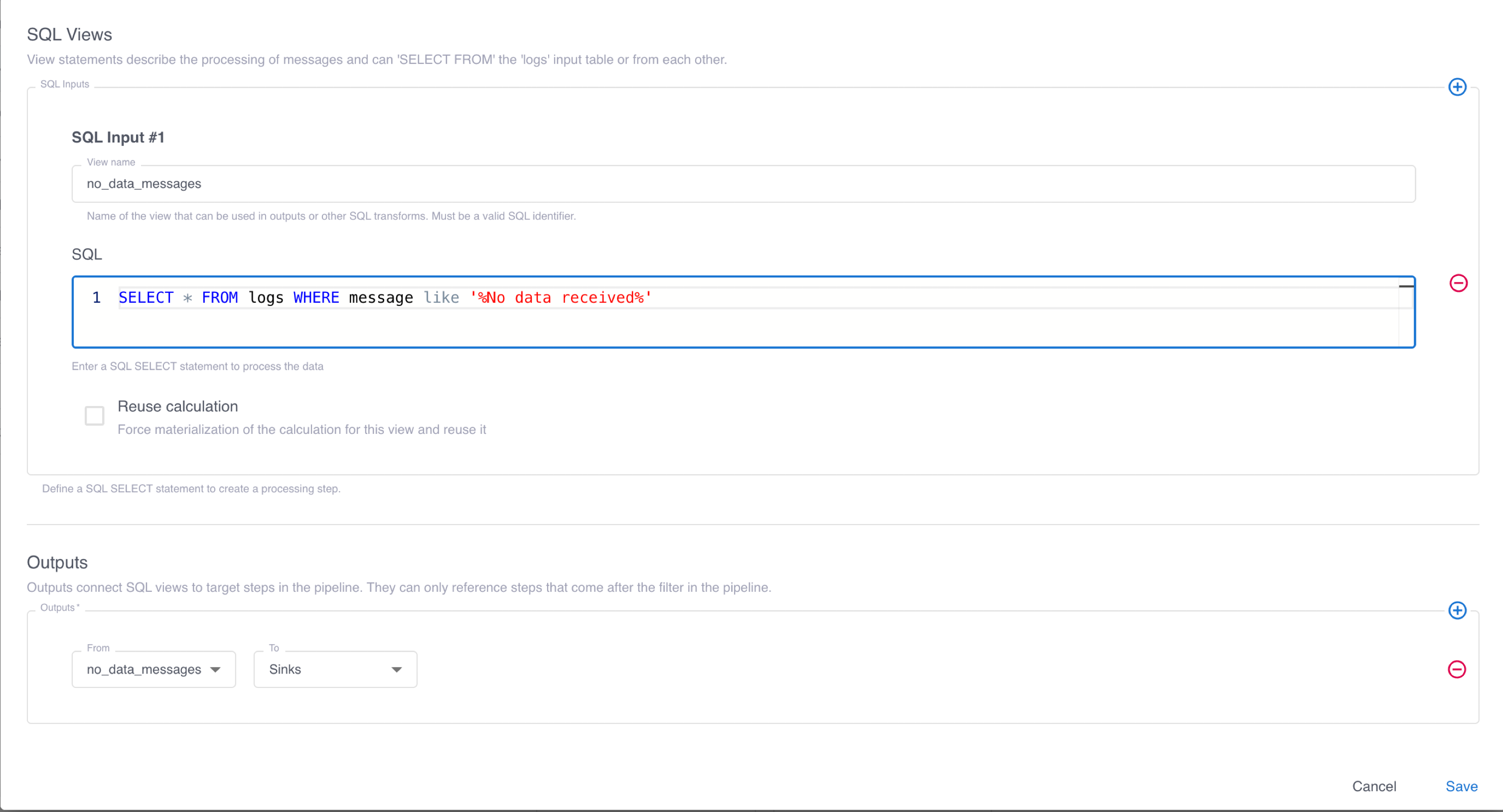 The filter configuration form with a SQL view that selects log events based on message content.