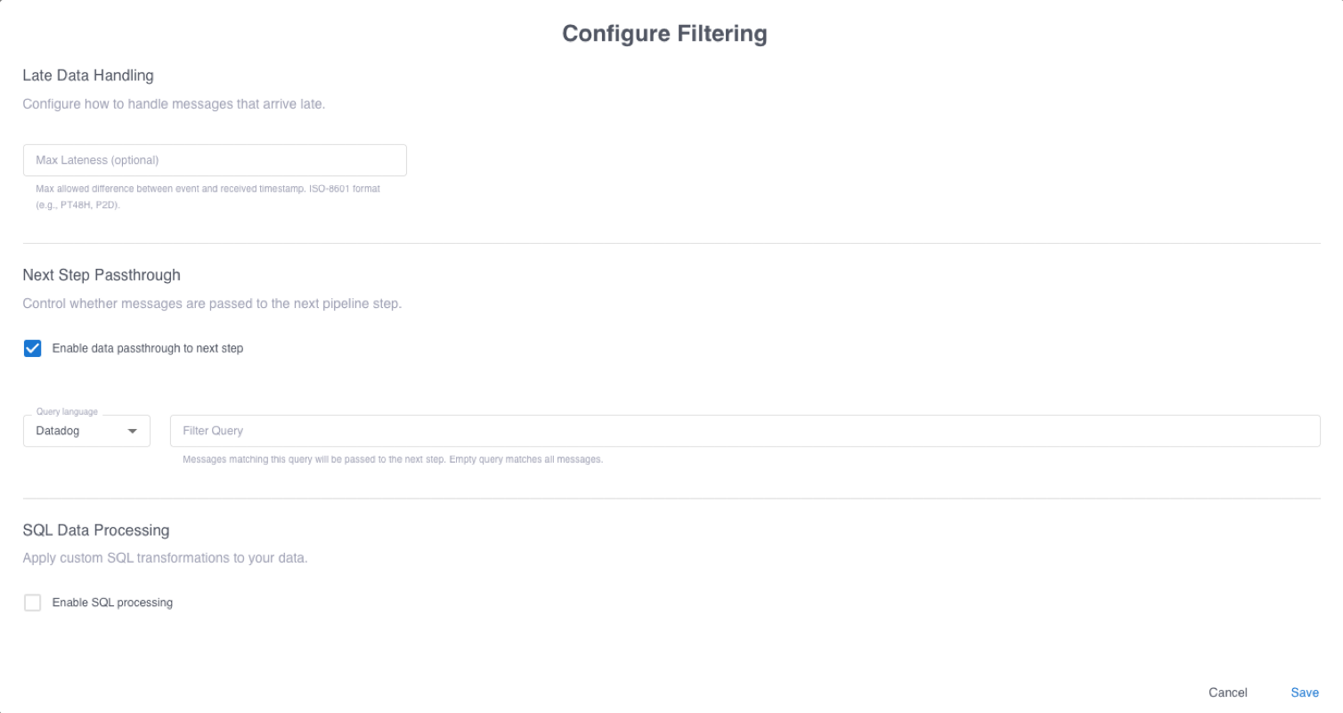 The pre-parsing filter configuration form with the default settings.