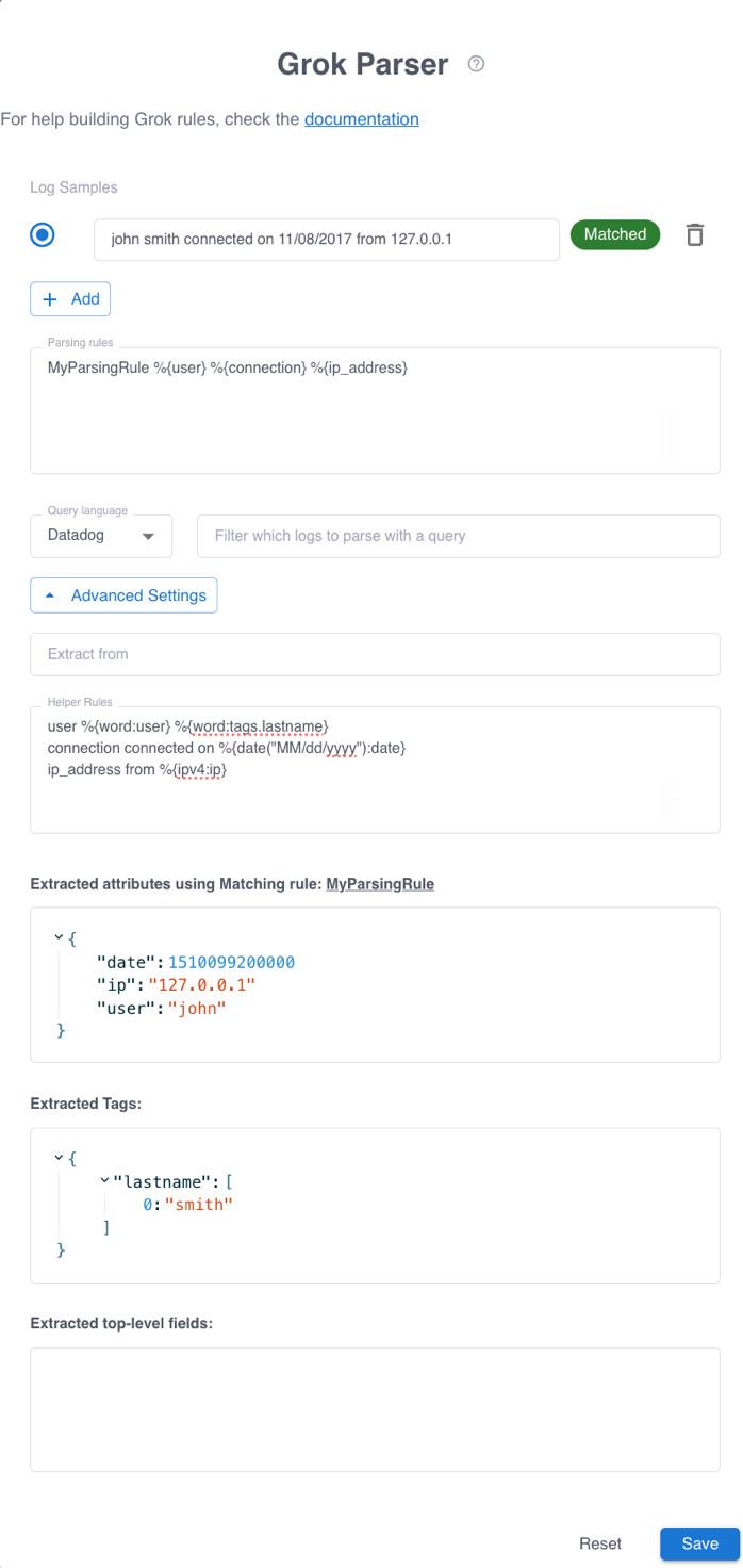 The Grok parser dialog with helper rules.