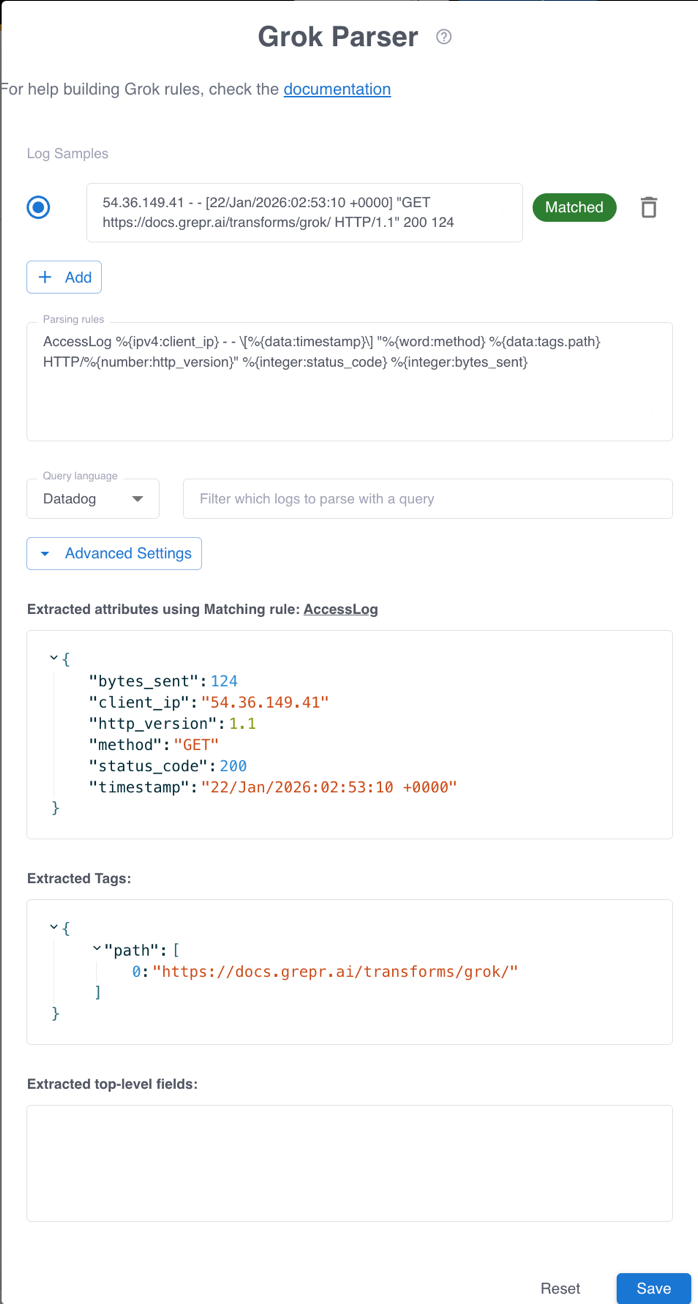The Grok parser dialog with a rule, a sample event, and validation results.