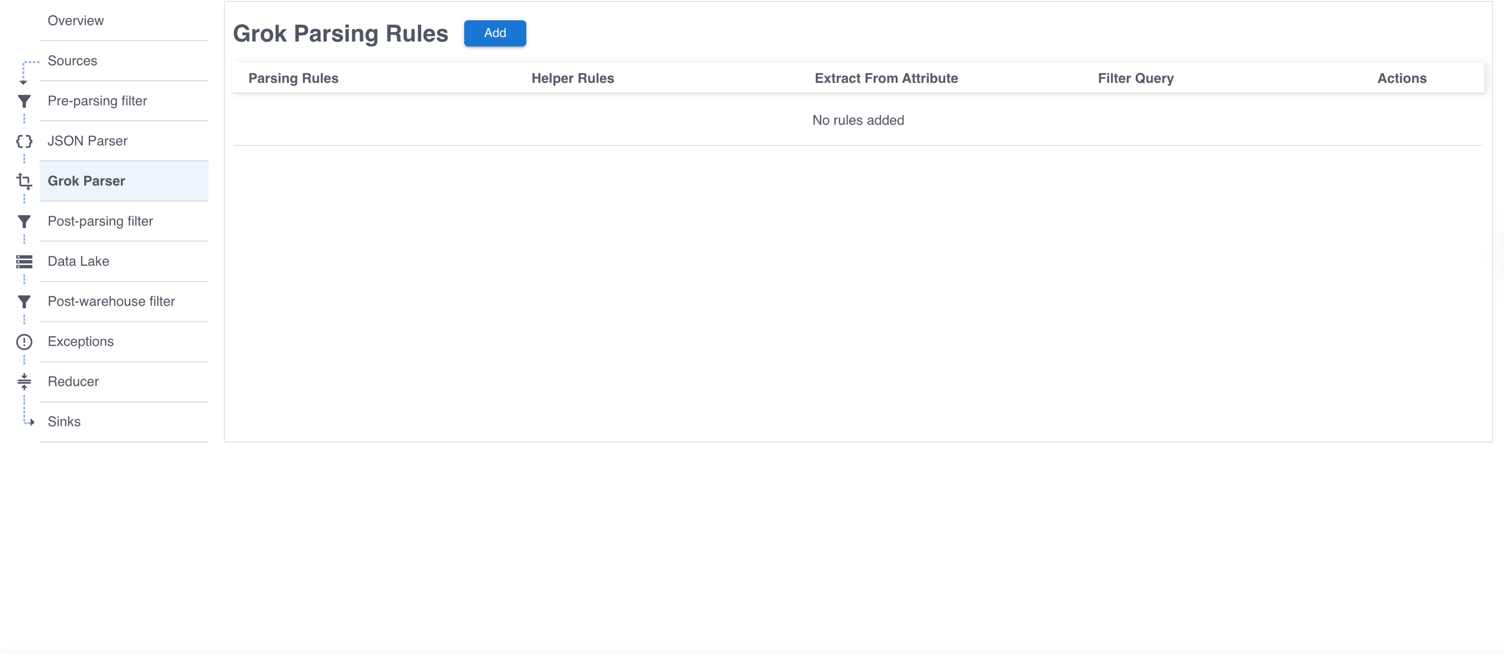 The Grok parsing rules pane.