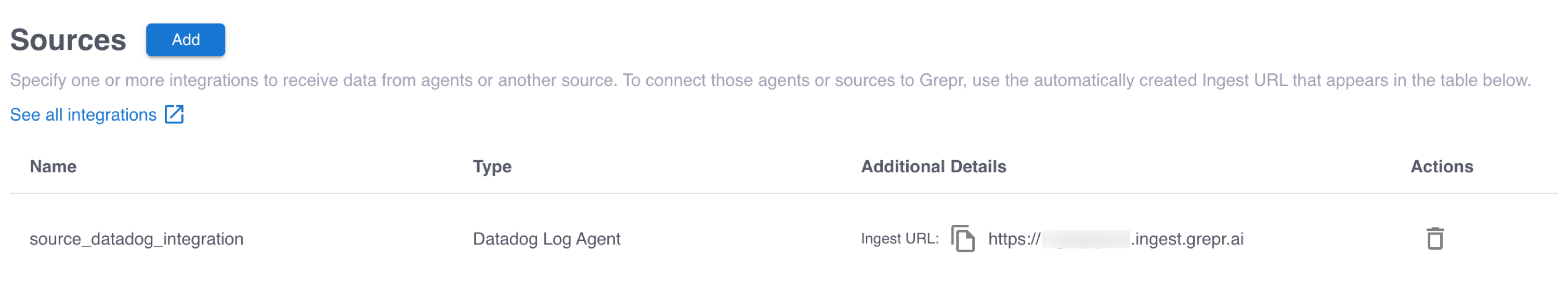 Accessing the ingestion URL in the Grepr pipeline UI.
