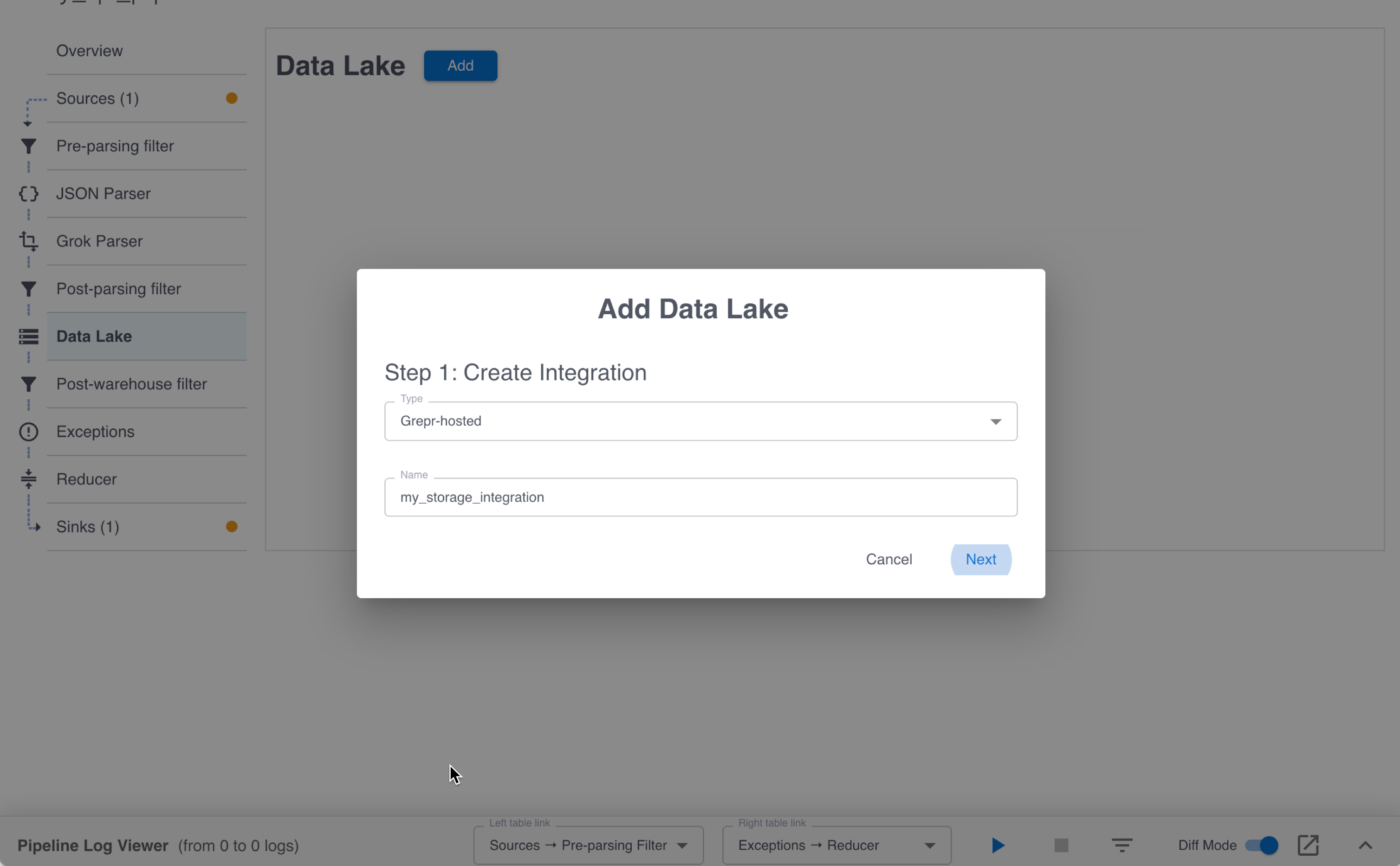 Add a new storage integration in the Grepr UI.