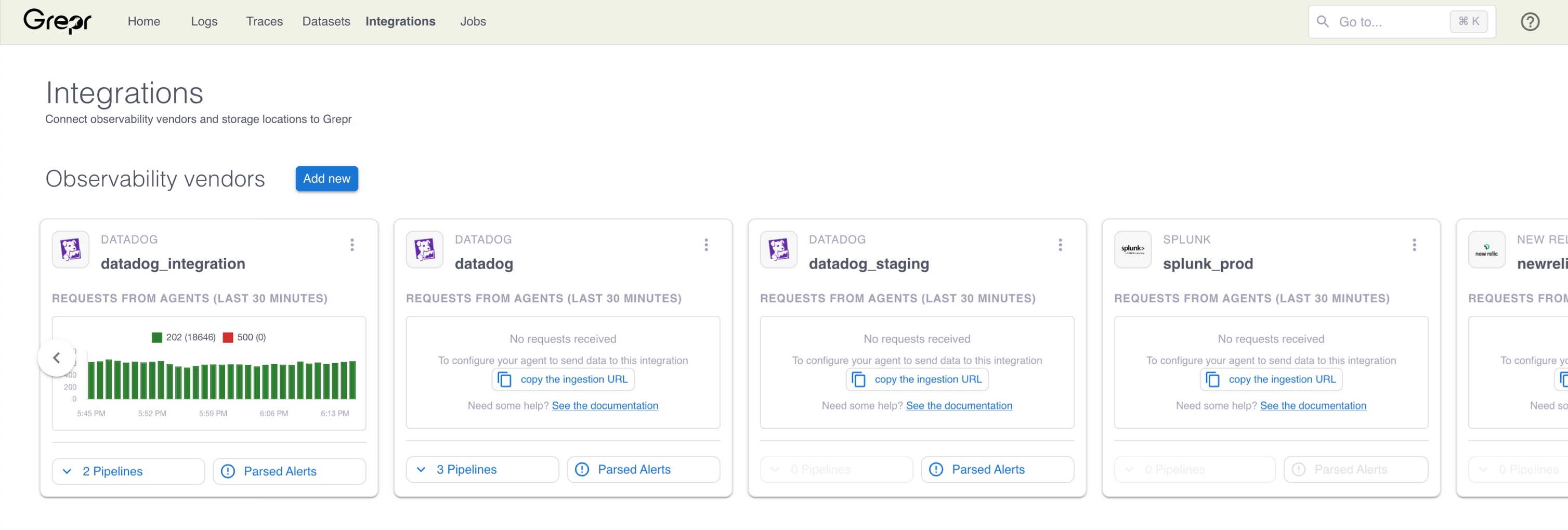 The Integrations page in the Grepr UI.