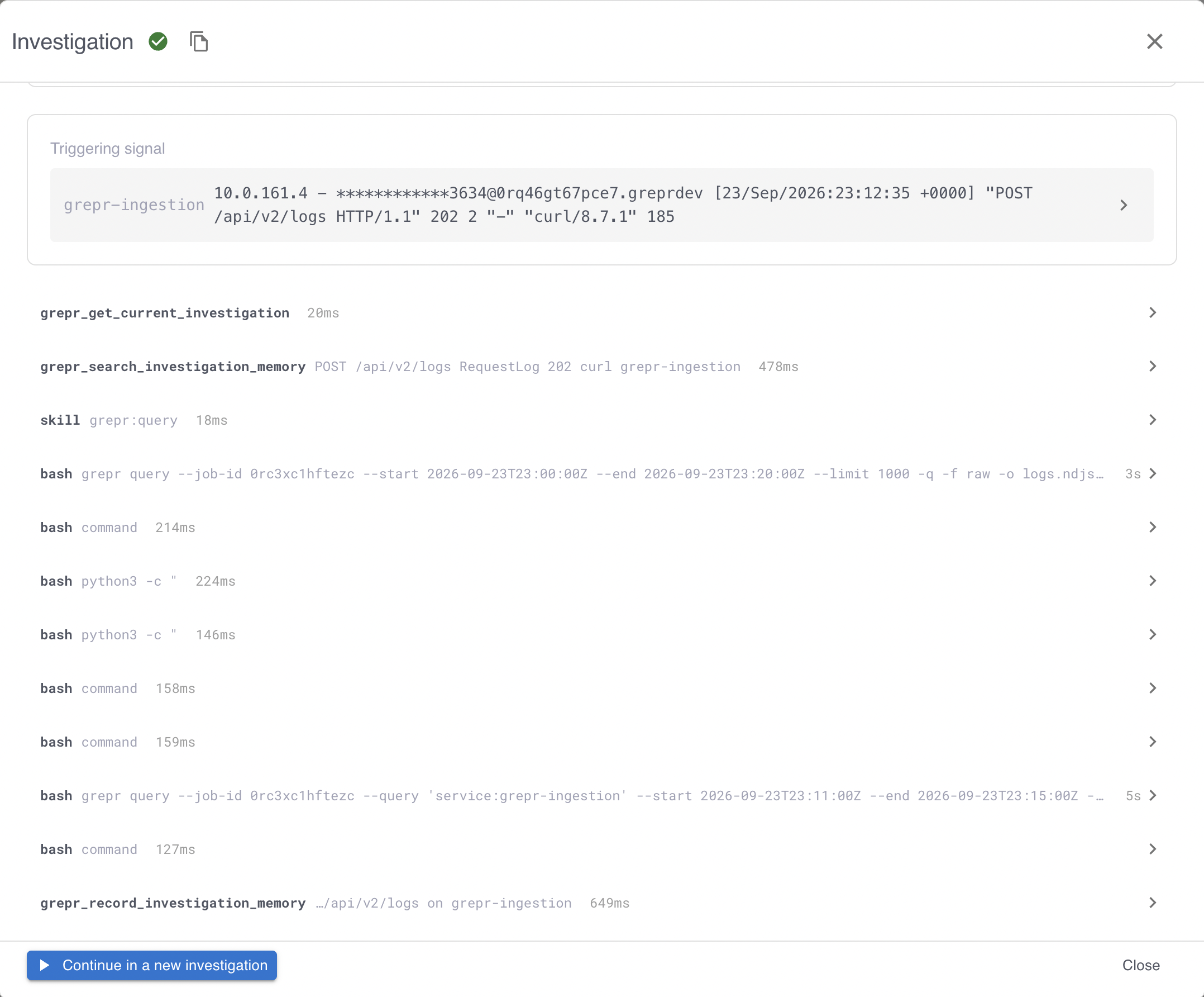 An investigation's tool calls, starting with a memory search and ending with the agent recording what it concluded.