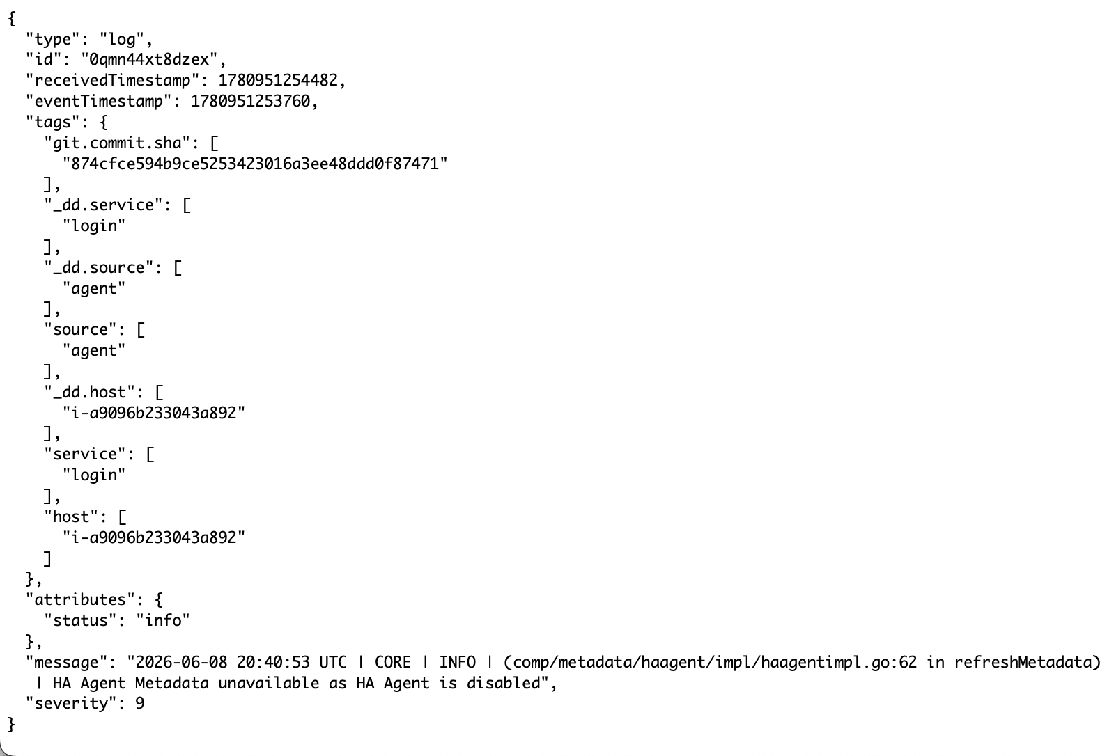 Example showing a repeated log message reporting on a stopped service.