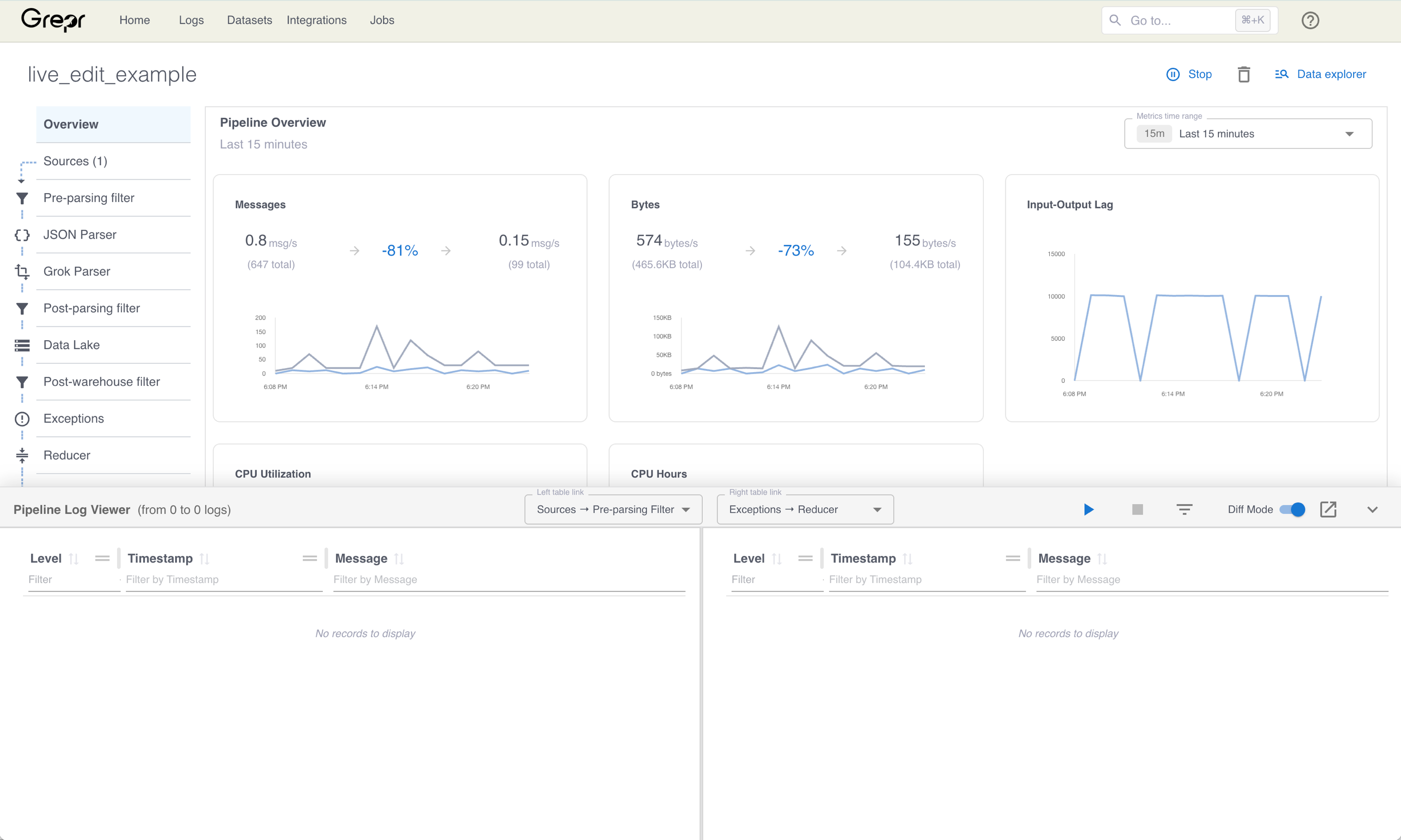 The Pipeline Log Viewer pane expanded.