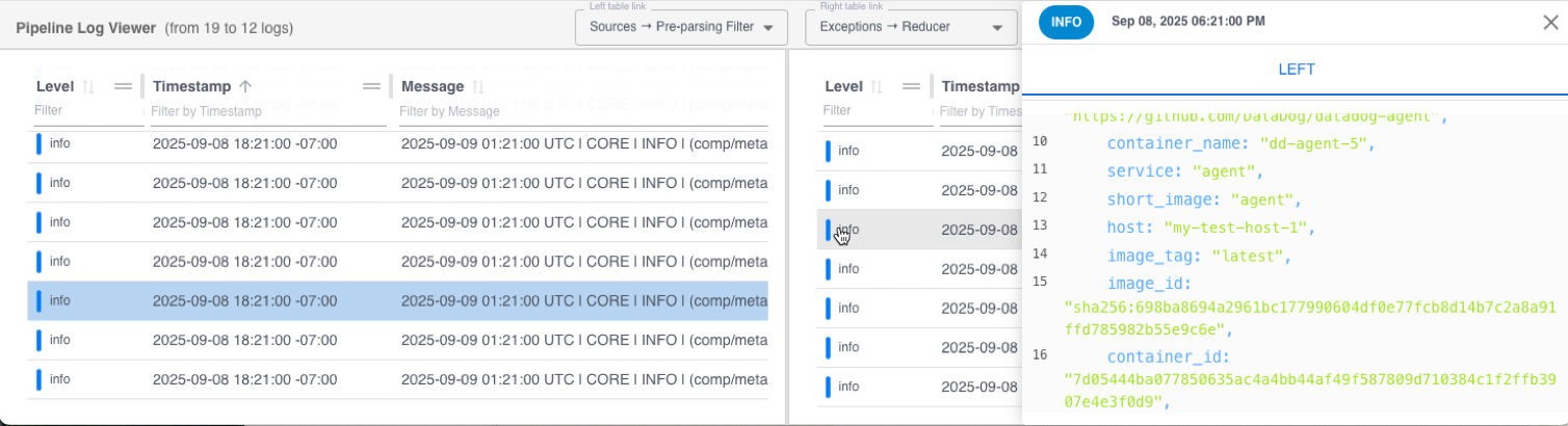The Pipeline Log Viewer log detail pane showing a message filtered out of the pipeline.