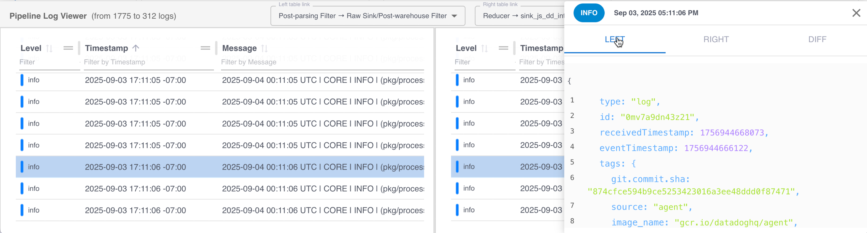 The Pipeline Log Viewer log detail pane