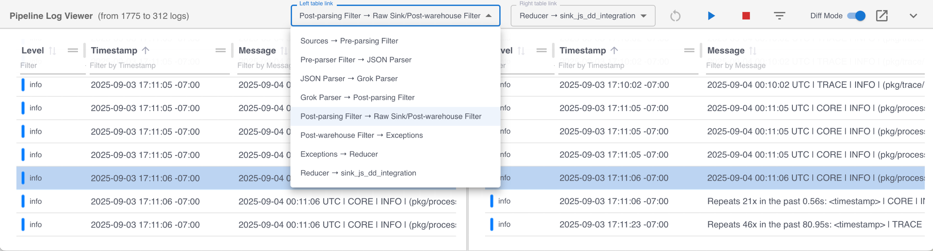 The Pipeline Log Viewer pane showing the processing step dropdown.