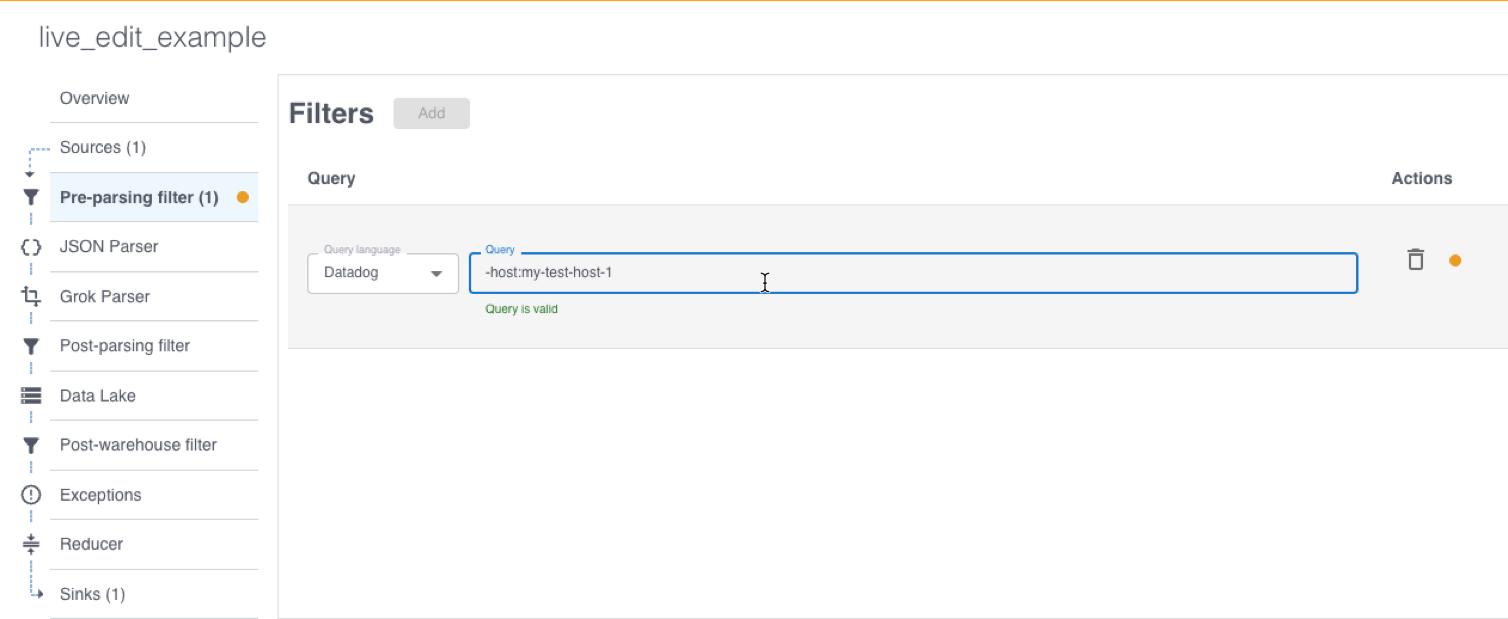 The Pre-parsing filter configuration pane with the filter expression entered.
