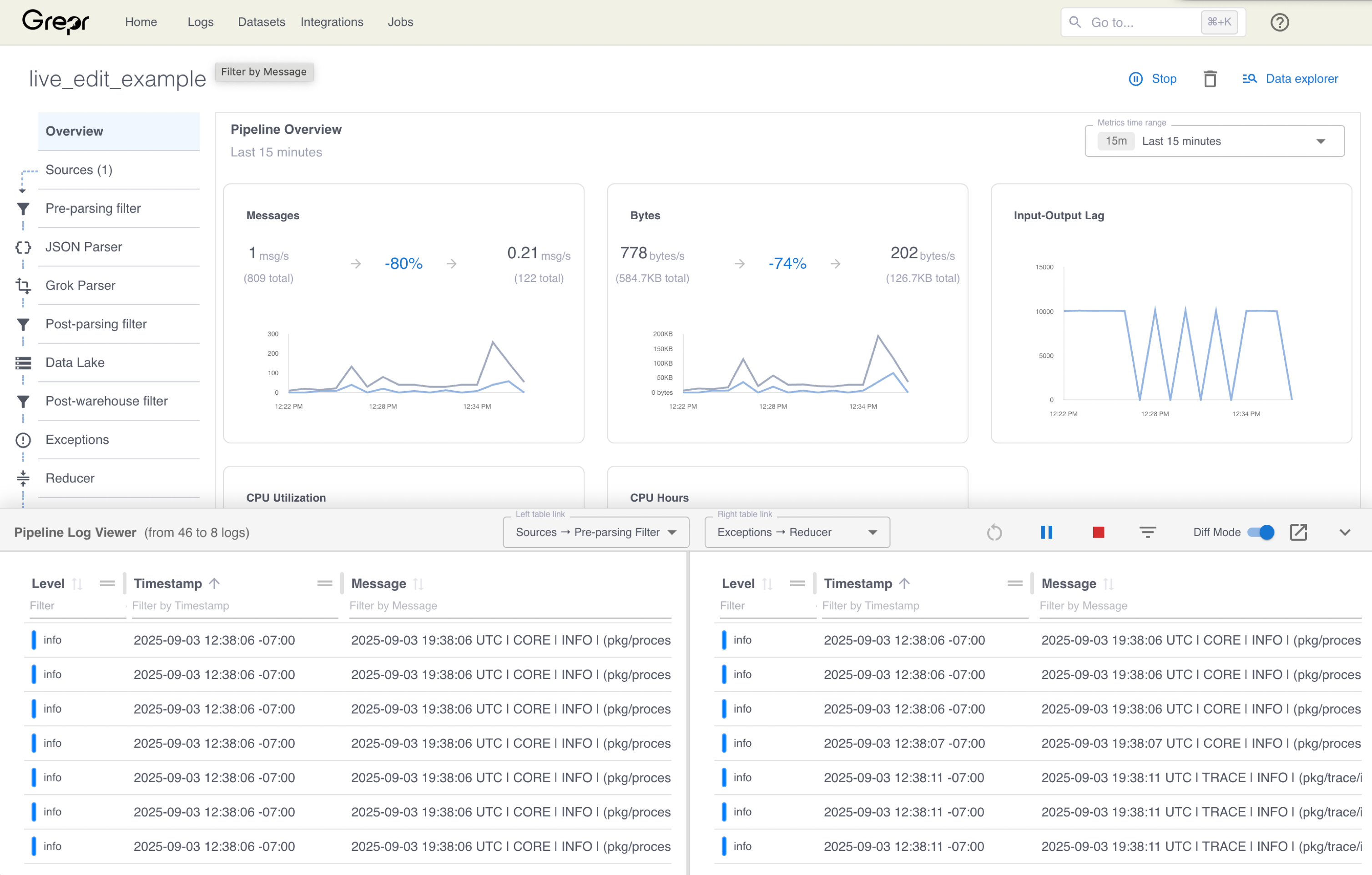 The Pipeline Log Viewer pane showing raw logs from the copy pipeline.