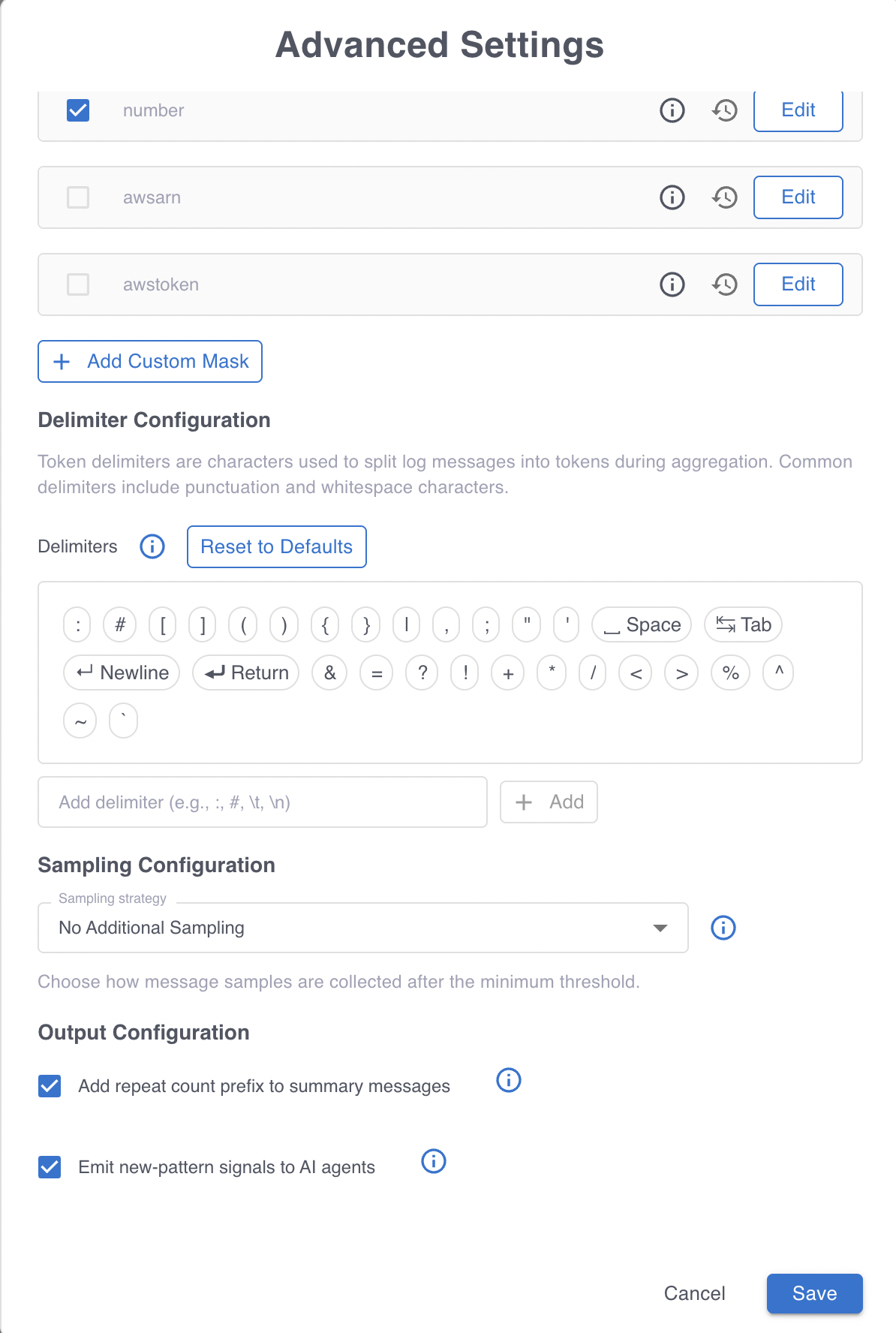The reducer Advanced Settings dialog with Emit new-pattern signals to AI agents selected under Output Configuration.