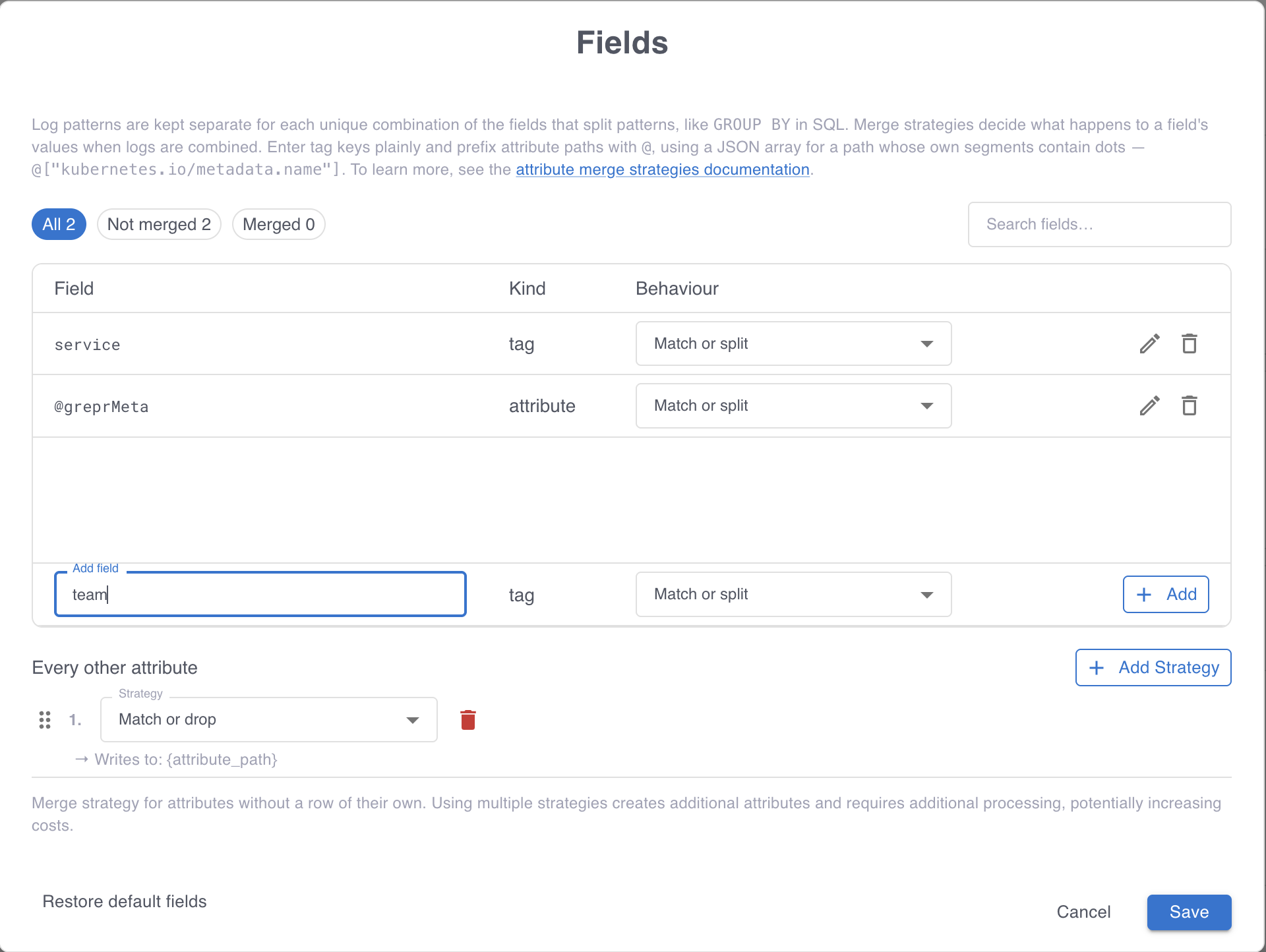 The reducer Fields dialog, with a tag entered in the Add field row and its behavior set to Match or split.