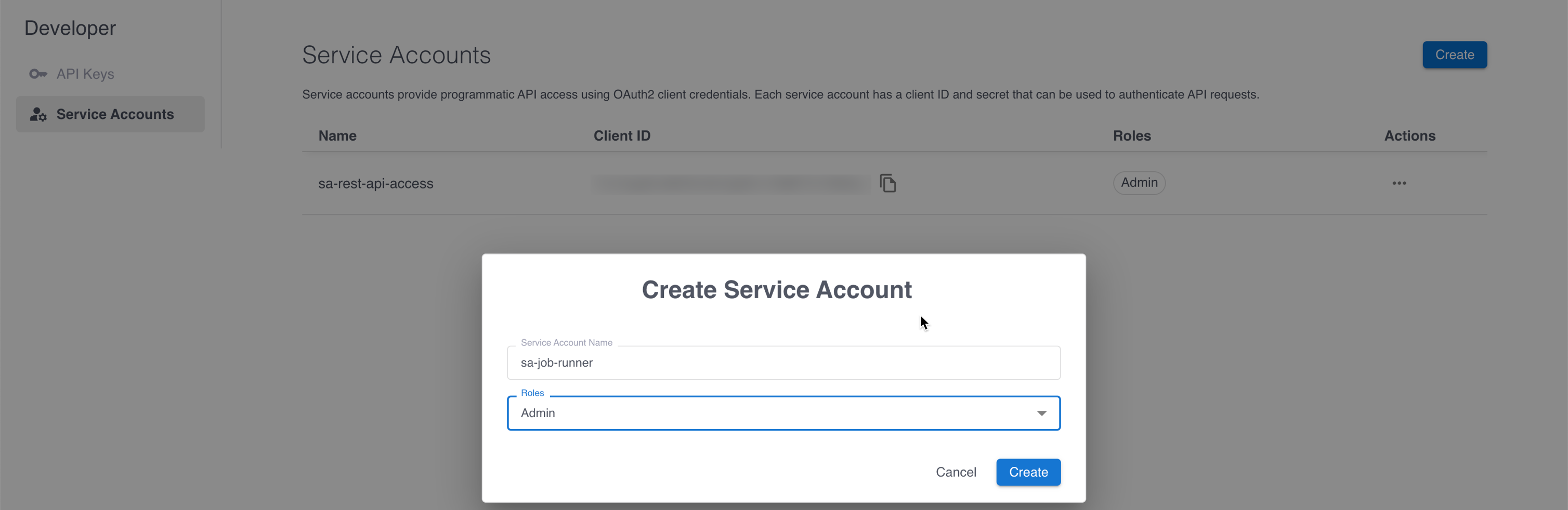 The create a service account dialog.