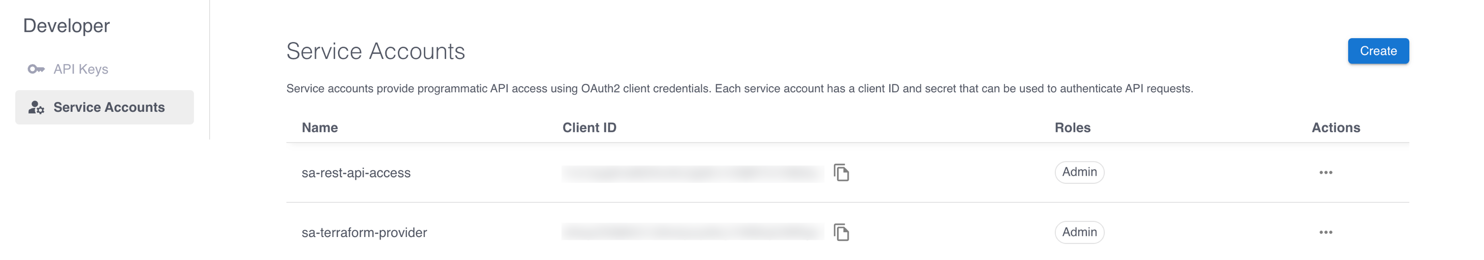 The list of existing service accounts.