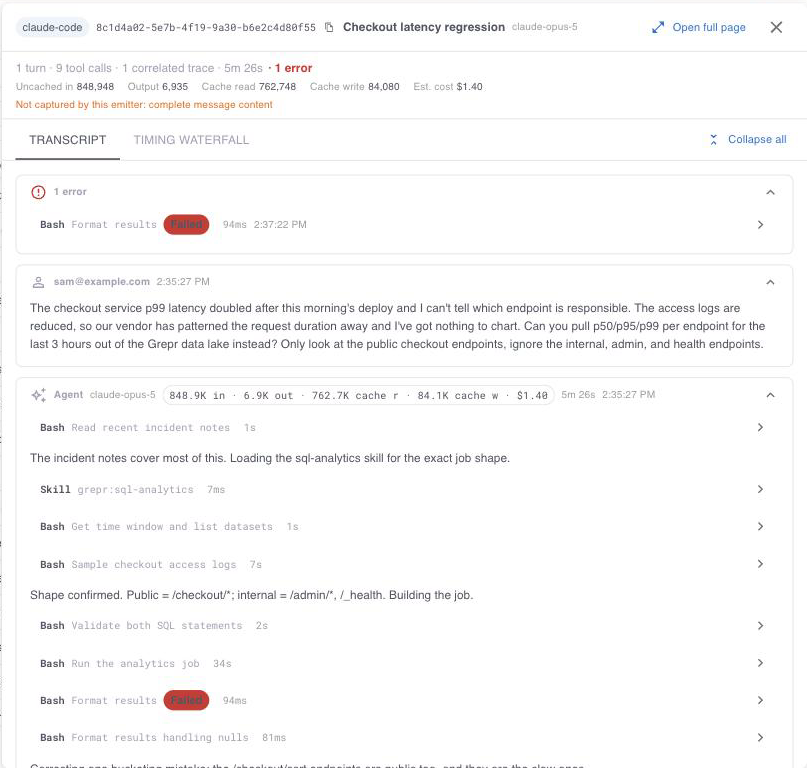 A session transcript showing the summary bar with token counts and cost, a notice naming the content the emitter did not capture, the session's errors, the prompt, and the agent's tool calls.