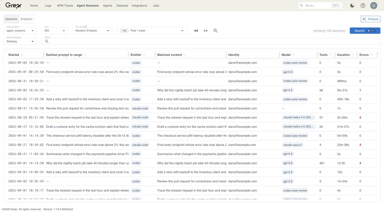 The Agent Sessions page listing sessions from the Claude Code and Codex emitters, with columns for the start time, earliest prompt, identity, model, tool calls, duration, and errors.