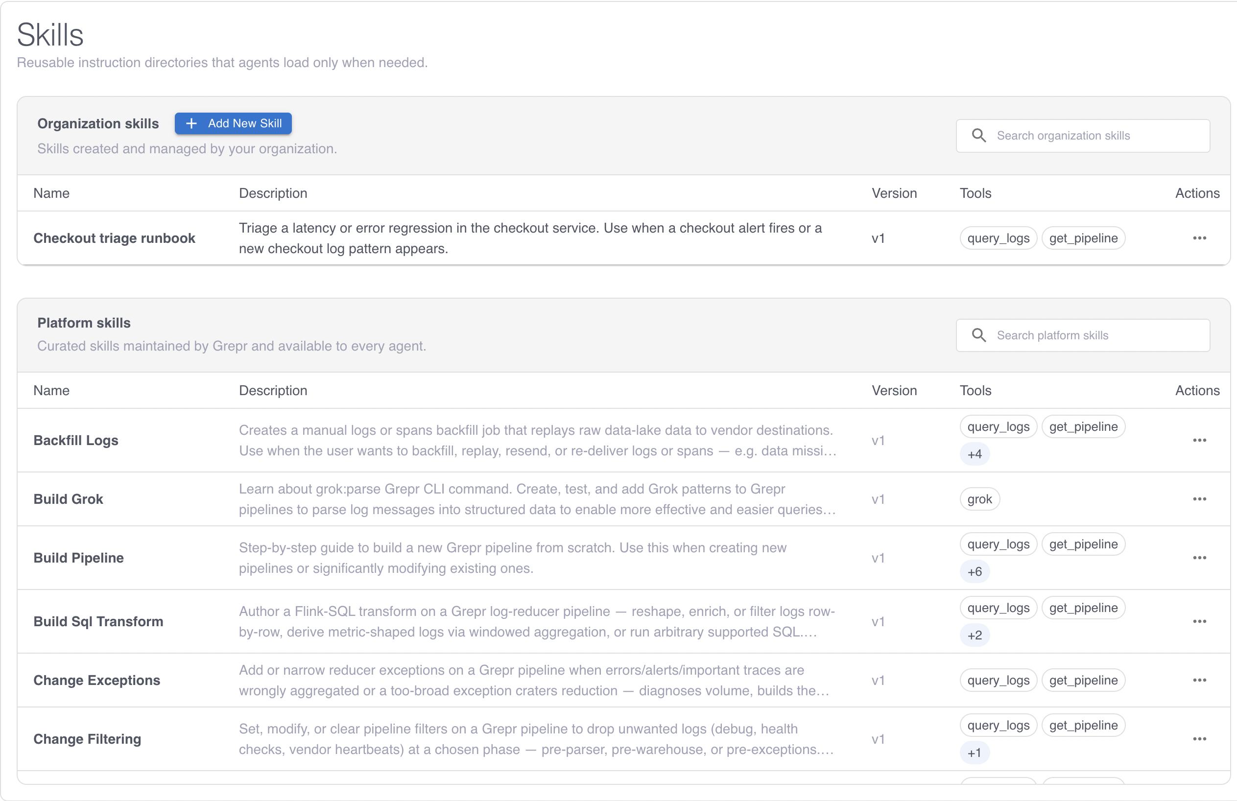 The Skills page showing the organization skills section above the platform skills Grepr maintains.