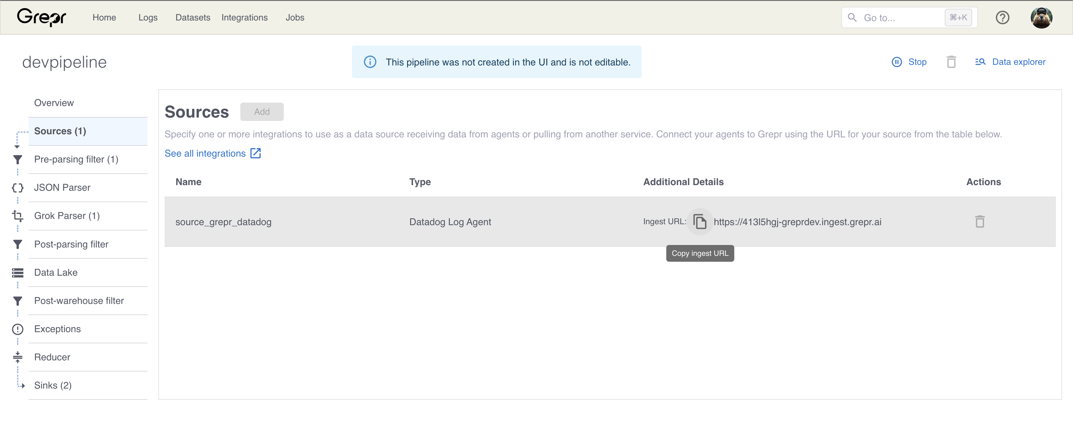 Accessing the ingestion URL in the Grepr pipeline UI.