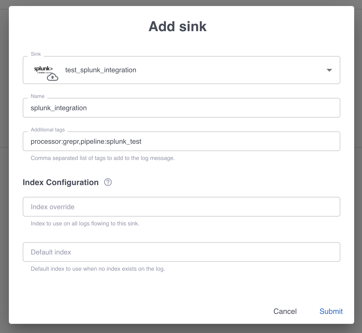 Splunk Sink Configuration